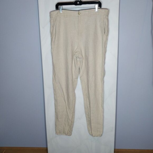 Territory Ahead Men's 100% Linen Pants Sz 37/34 Khaki Elastic Waist Quiet Luxury - Picture 1 of 9